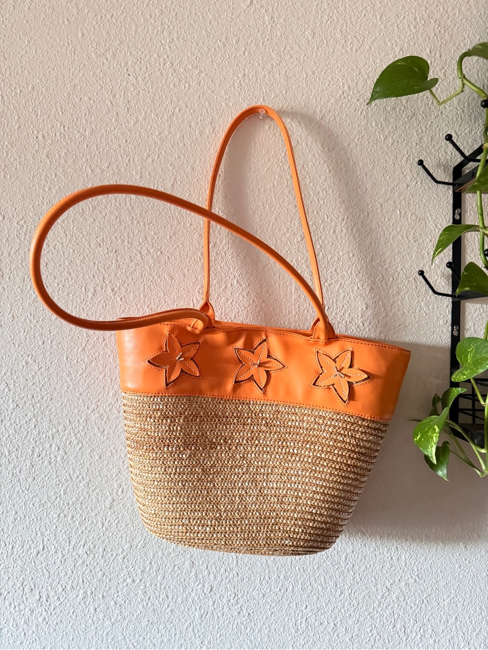 Bath & Body Works Orange Straw Tote with Floral Trim